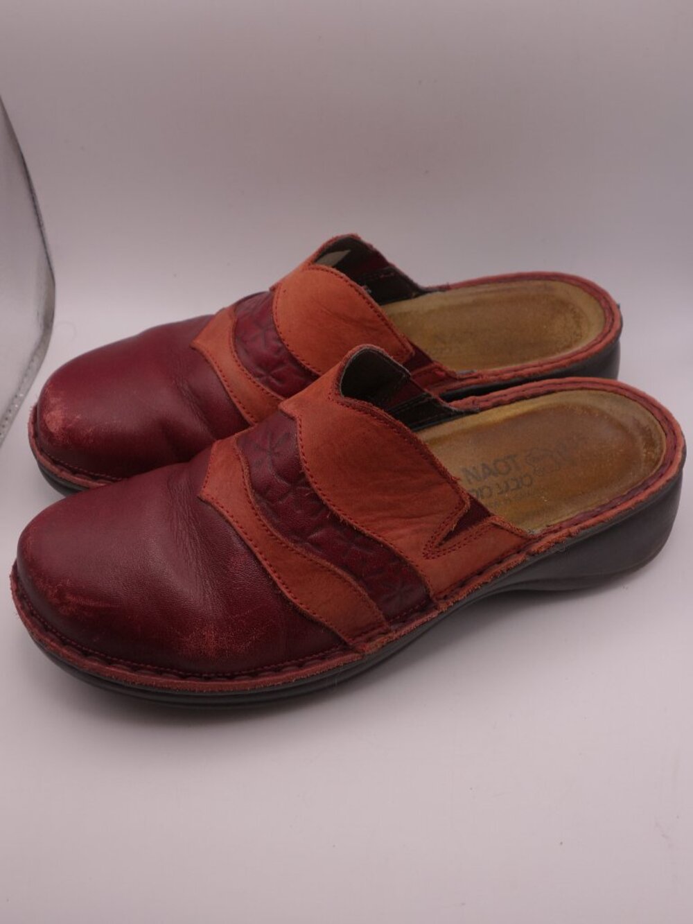 NAOT Red Leather Patchwork Floral Embossed Clogs Size 35
